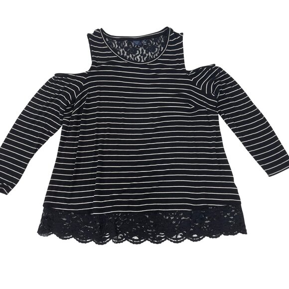 Kaari Blue Womens 2X Cold Shoulder Black Striped Top Lace Hem Long Sleeve - Picture 11 of 11